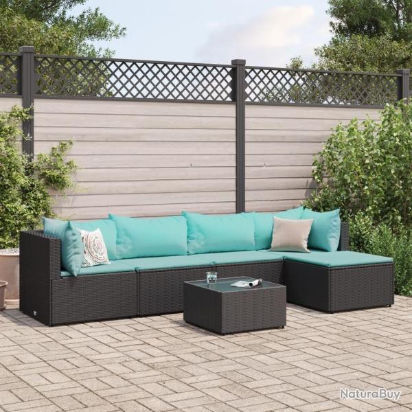 Salon de jardin 6 pcs avec coussins Noir R�sine tress�e