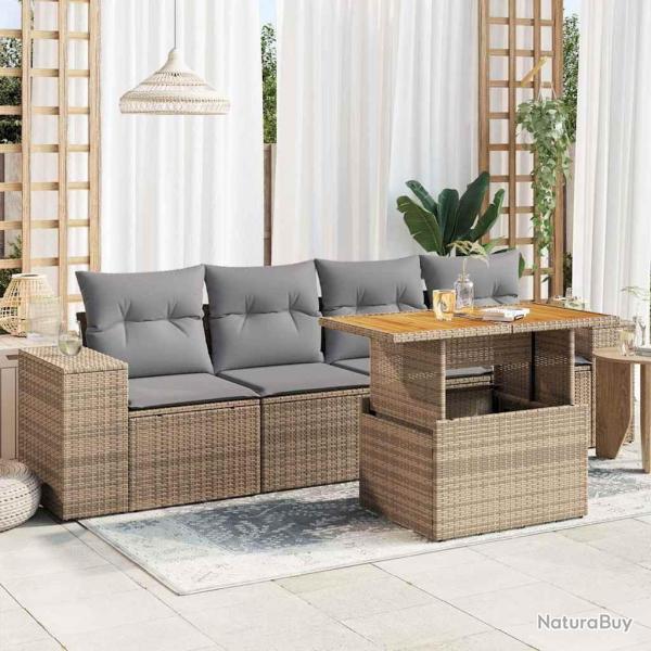 Salon de jardin avec coussins 5 pcs beige r�sine tress�e