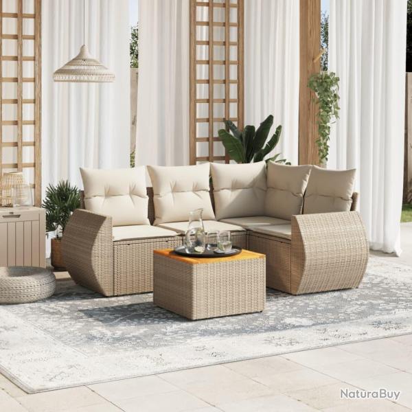 Salon de jardin avec coussins 5 pcs beige r�sine tress�e