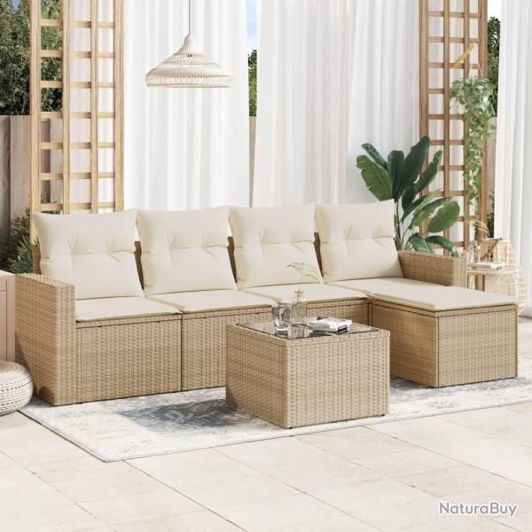 Salon de jardin avec coussins 6 pcs beige r�sine tress�e