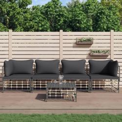 Salon de jardin 5 pcs avec coussins anthracite r&eacute;sine tress&eacute;e