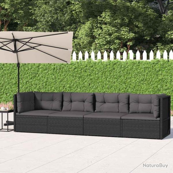 Salon de jardin 4 pcs avec coussins Noir R�sine tress�e