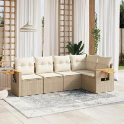 Salon de jardin avec coussins 5 pcs beige r&eacute;sine tress&eacute;e