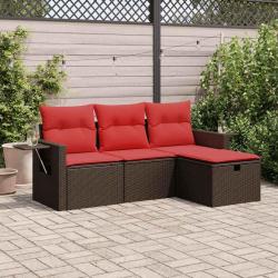 Salon de jardin 4 pcs avec coussins marron r&eacute;sine tress&eacute;e