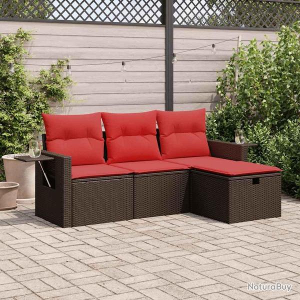 Salon de jardin 4 pcs avec coussins marron r�sine tress�e