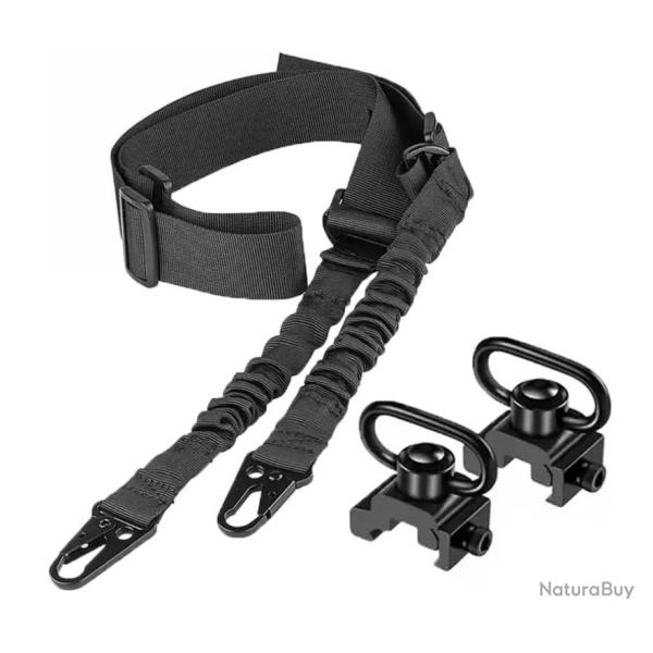 Sangle de fusil 2 points Noire + 2 Montages sur rail picatinny