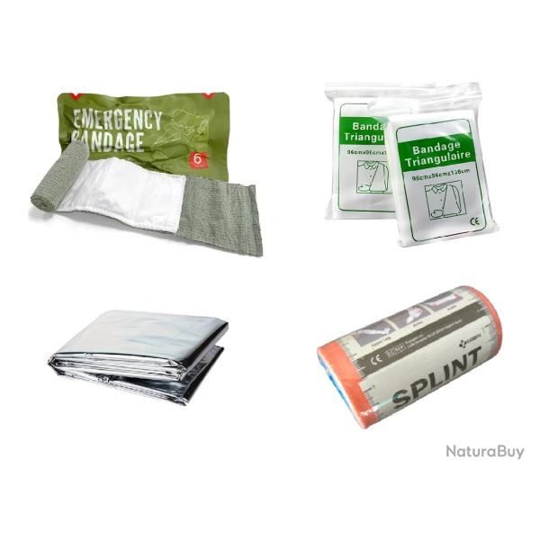 Lot Pansement compressif + Bandage triangulaire + Couverture de survie + Attelle rigide - Livr. gr.