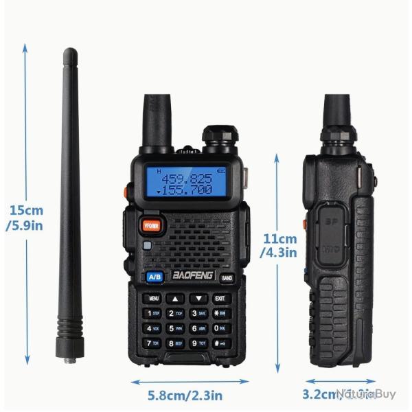 Walkie Talkie Baofeng 5W UHF/VHF Longue Port�e Double Bande   Noir, Rechargeable par USB