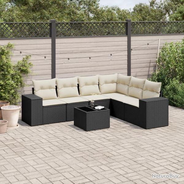 Salon de jardin 7 pcs avec coussins noir rsine tresse