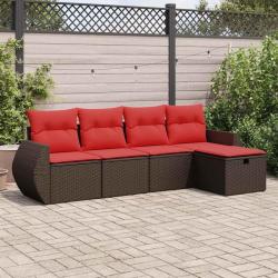 Salon de jardin avec coussins 5 pcs marron r&eacute;sine tress&eacute;e