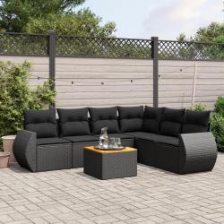 Salon de jardin 7 pcs avec coussins noir r&eacute;sine tress&eacute;e