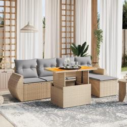 Salon de jardin avec coussins 6 pcs beige r&eacute;sine tress&eacute;e