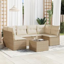 Salon de jardin avec coussins 7 pcs beige r&eacute;sine tress&eacute;e