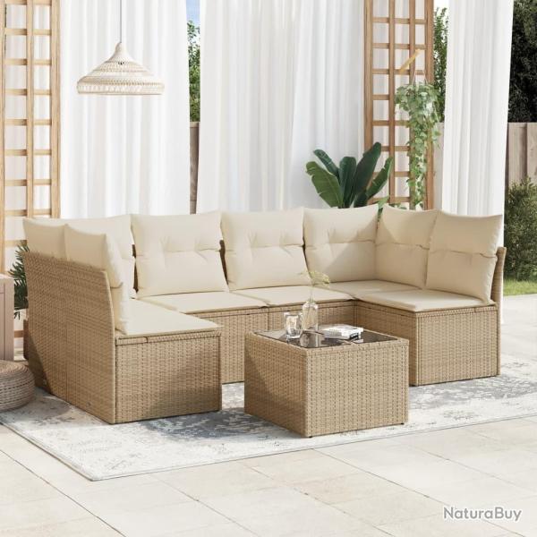 Salon de jardin avec coussins 7 pcs beige r�sine tress�e