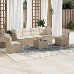 Salon de jardin avec coussins 7 pcs beige r&eacute;sine tress&eacute;e