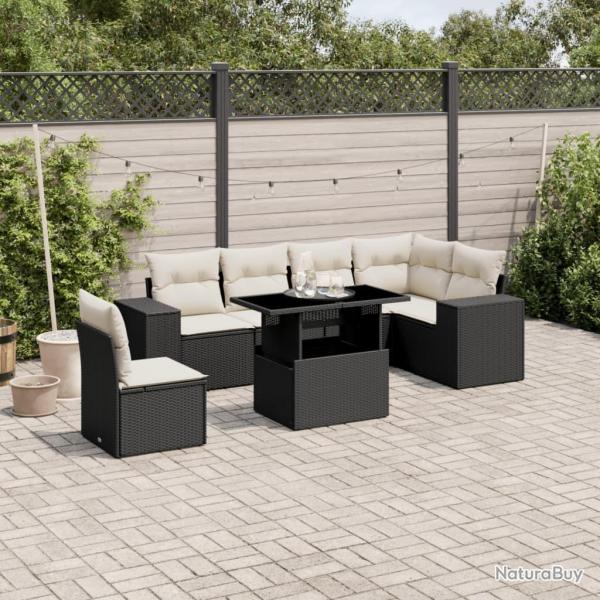 Salon de jardin 7 pcs avec coussins noir r�sine tress�e