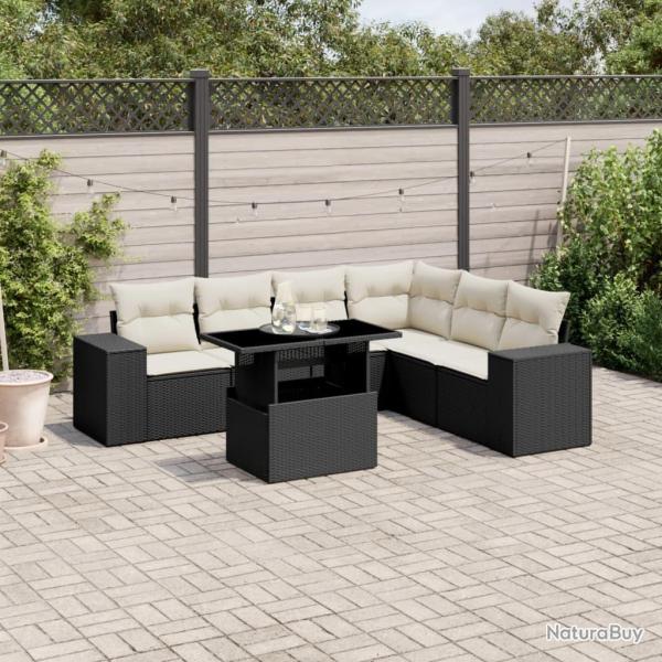 Salon de jardin 7 pcs avec coussins noir r�sine tress�e