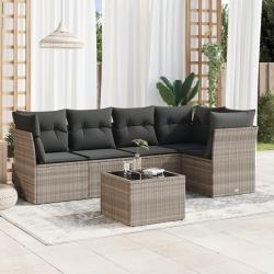 Salon de jardin 6 pcs avec coussins gris clair r&eacute;sine tress&eacute;e