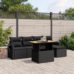 Salon de jardin 6 pcs avec coussins noir r&eacute;sine tress&eacute;e