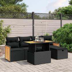 Salon de jardin 6 pcs avec coussins noir r&eacute;sine tress&eacute;e