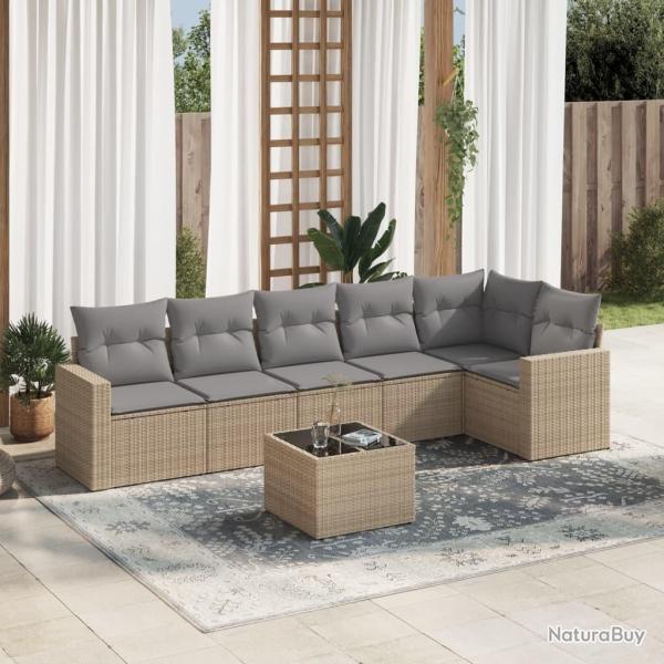 Salon de jardin avec coussins 7 pcs beige r�sine tress�e
