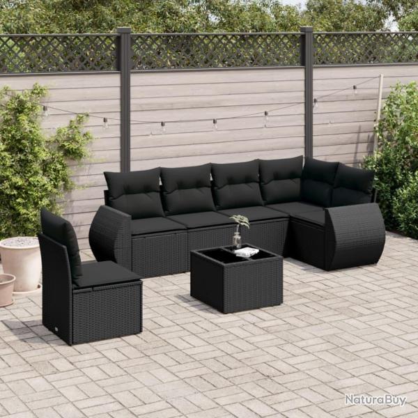 Salon de jardin 7 pcs avec coussins noir r�sine tress�e