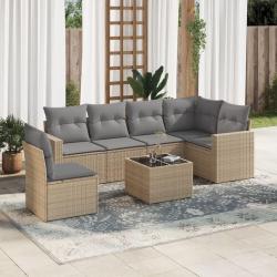 Salon de jardin avec coussins 7 pcs beige r&eacute;sine tress&eacute;e