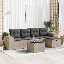 Salon de jardin 6 pcs avec coussins gris clair r&eacute;sine tress&eacute;e