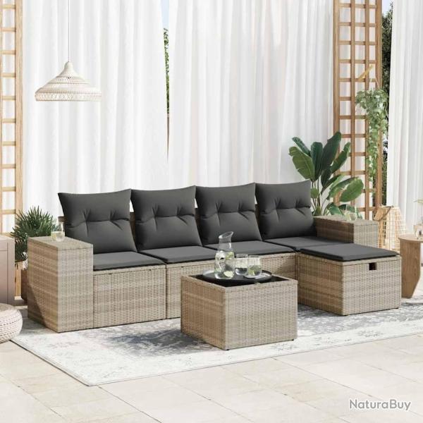 Salon de jardin 6 pcs avec coussins gris clair r�sine tress�e