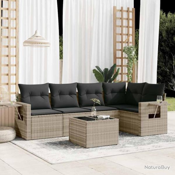 Salon de jardin 6 pcs avec coussins gris clair r�sine tress�e
