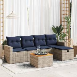 Salon de jardin 6 pcs avec coussins gris r&eacute;sine tress&eacute;e