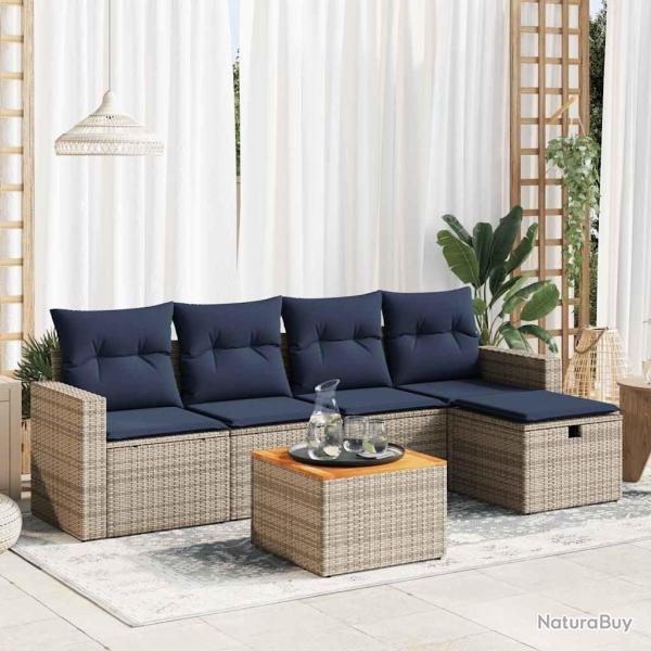 Salon de jardin 6 pcs avec coussins gris rsine tresse