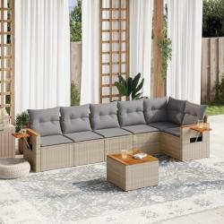Salon de jardin avec coussins 7 pcs beige r&eacute;sine tress&eacute;e