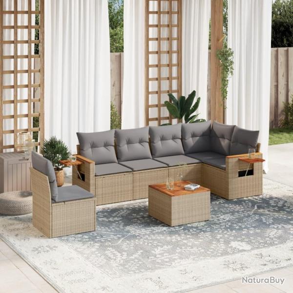 Salon de jardin avec coussins 7 pcs beige r�sine tress�e