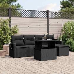 Salon de jardin 6 pcs avec coussins noir r&eacute;sine tress&eacute;e