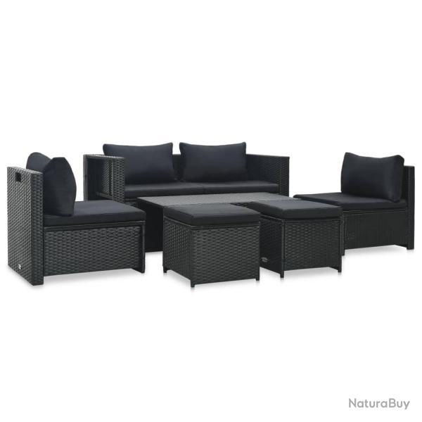 Salon de jardin 6 pcs avec coussins r�sine tress�e noir