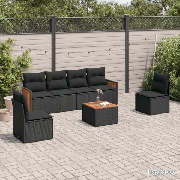 Salon de jardin 7 pcs avec coussins noir r�sine tress�e