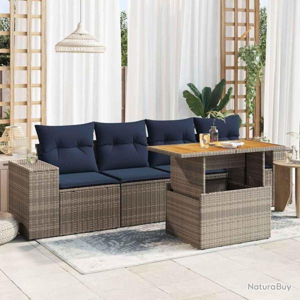 Salon de jardin 5 pcs avec coussins gris r�sine tress�e