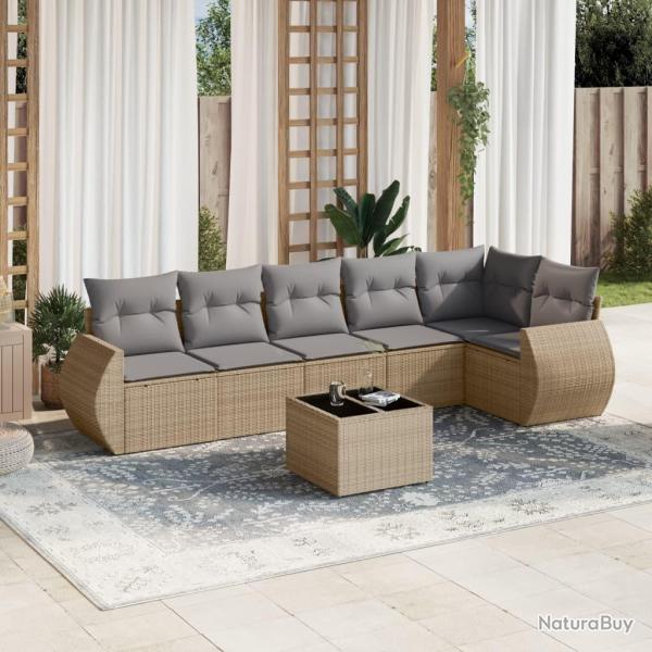 Salon de jardin avec coussins 7 pcs beige r�sine tress�e