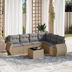 Salon de jardin avec coussins 7 pcs beige r&eacute;sine tress&eacute;e