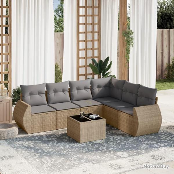 Salon de jardin avec coussins 7 pcs beige r�sine tress�e