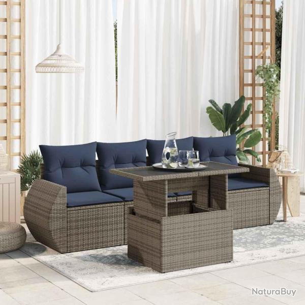 Salon de jardin 5 pcs avec coussins gris r�sine tress�e acacia