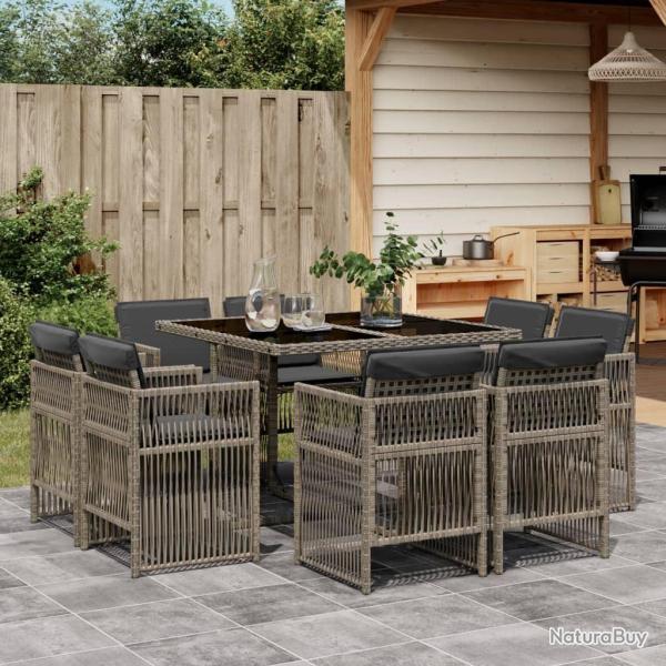 Ensemble � manger de jardin 9 pcs coussins gris r�sine tress�e