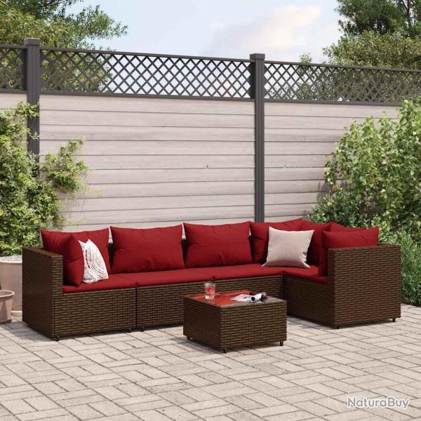 Salon de jardin 6 pcs avec coussins Marron R�sine tress�e