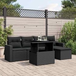 Salon de jardin 6 pcs avec coussins noir r&eacute;sine tress&eacute;e