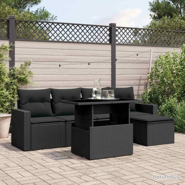 Salon de jardin 6 pcs avec coussins noir r�sine tress�e