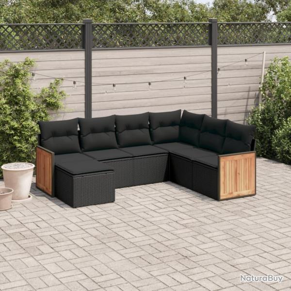 Salon de jardin 7 pcs avec coussins noir r�sine tress�e