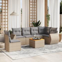 Salon de jardin avec coussins 7 pcs beige r&eacute;sine tress&eacute;e