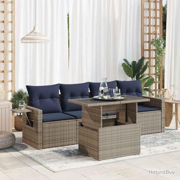 Salon de jardin 5 pcs avec coussins noir rsine tresse acacia