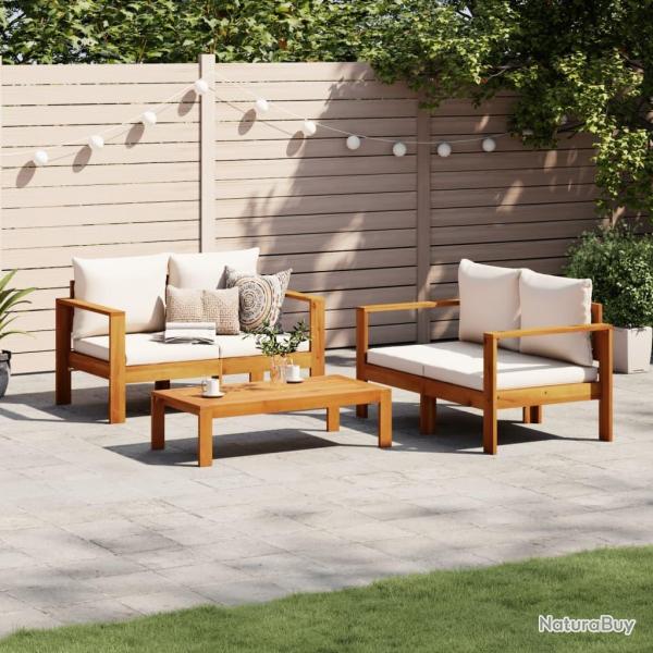 Salon de jardin avec coussins 3 pcs bois massif d'acacia